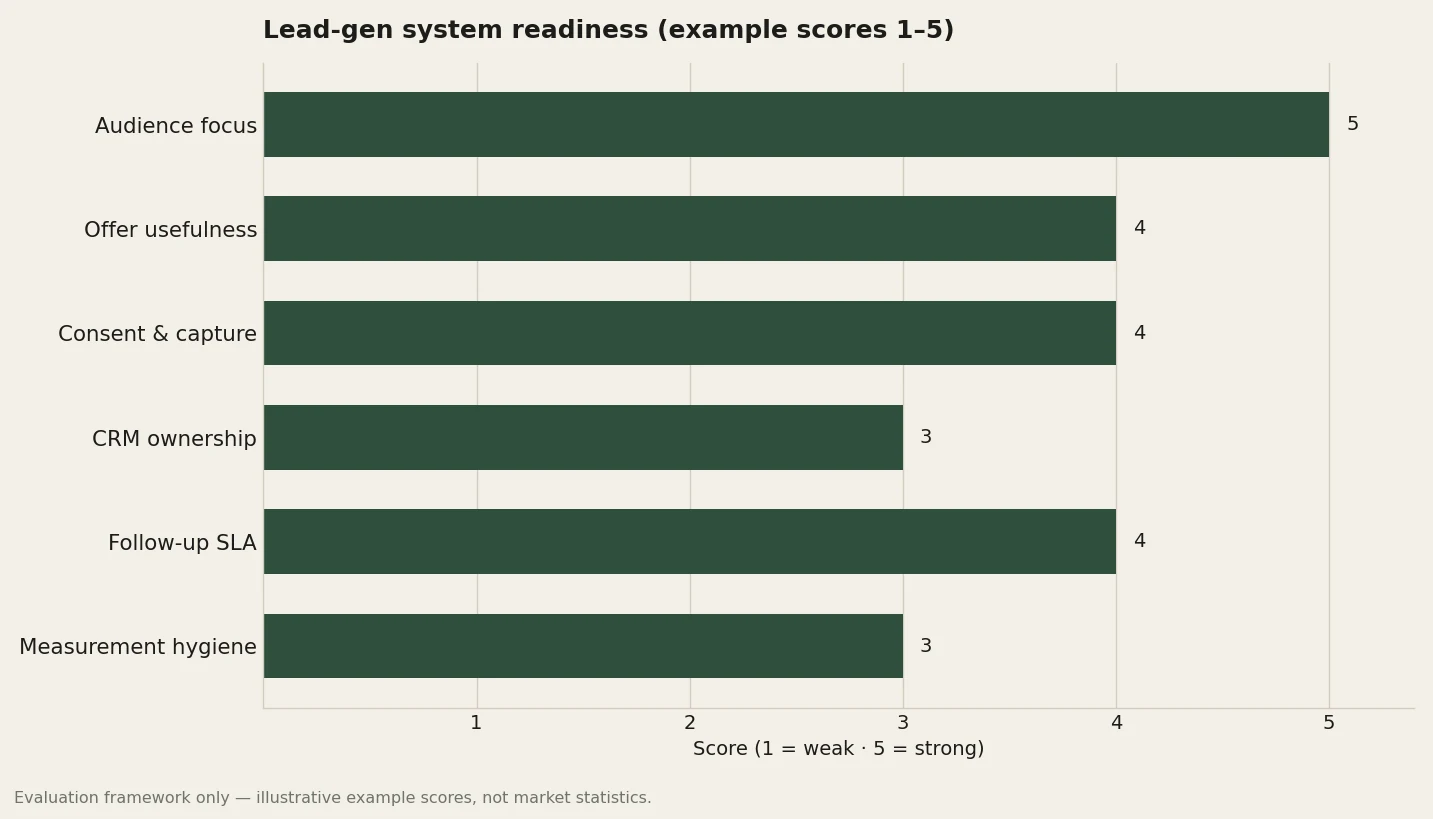Bar chart of lead-generation system readiness rubric axes scored one to five